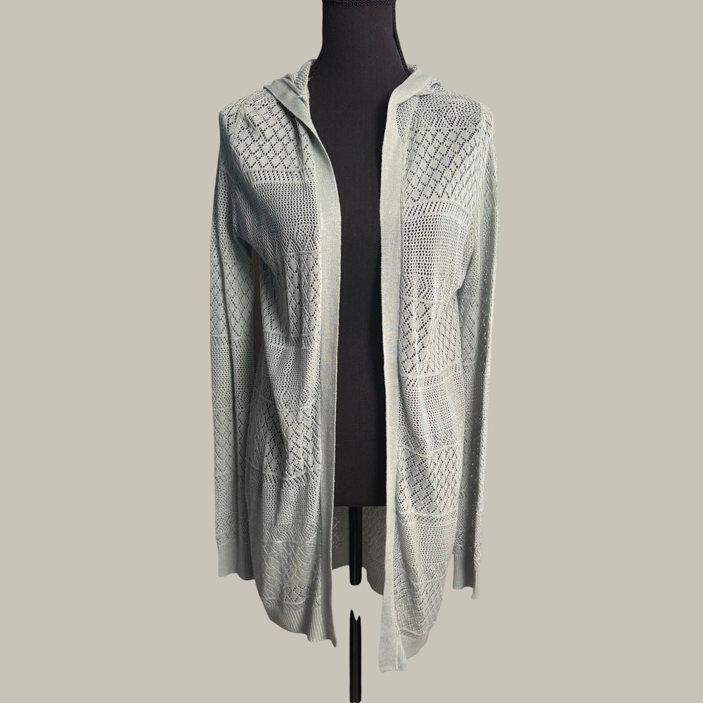 Coastal Grandmother Vintage Sage Green Boho Pointelle Knit Hooded Cardigan Small
